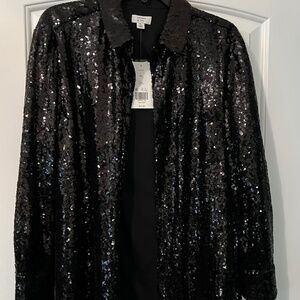 Black Sequin Blouse, Crown & Ivy, Button front, collar, cuff sleeves